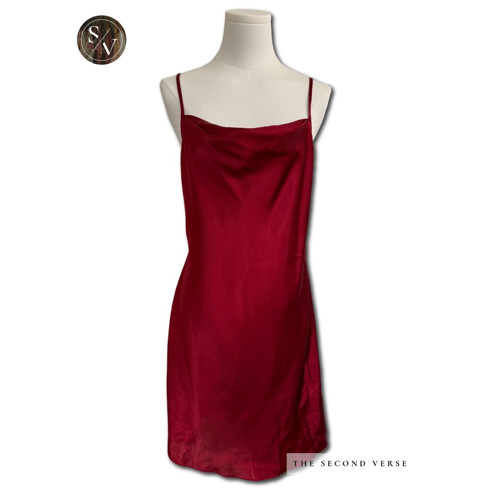 Cowl Neck Sexy Silky Satin Red Slip Dress Spaghetti Strap Size Medium